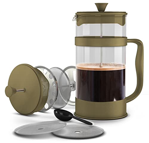 34 Ounce French Press with Triple Filters, Stainless Steel Plunger and Heat Resistant Borosilicate Glass - Black