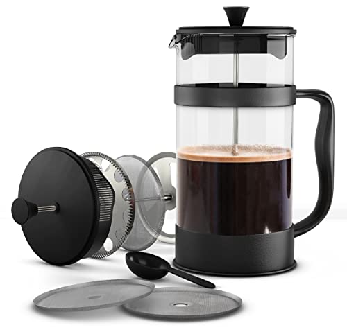 34 Ounce French Press with Triple Filters, Stainless Steel Plunger and Heat Resistant Borosilicate Glass - Black